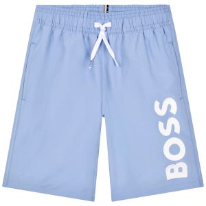 BOSS Older Boys Pale Blue White Logo Swim Shorts
