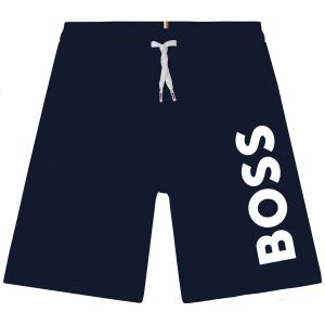 BOSS Older Boys Navy Blue White Logo Swim Shorts