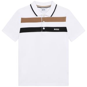 BOSS Boys White Cotton Signature Stripe Logo Polo Shirt