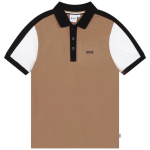 BOSS Boys Brown and Ivory Cotton Logo Polo Shirt