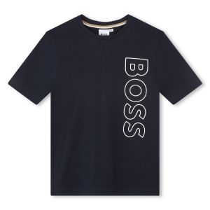 BOSS Boys Vertical Brand Logo Navy Cotton T-Shirt
