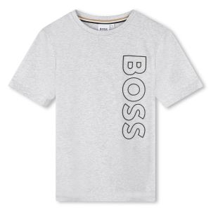 BOSS Boys Vertical Brand Logo Grey Cotton T-Shirt
