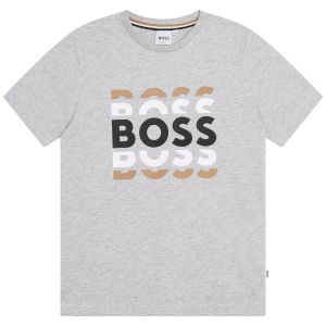 BOSS Boys Grey Cotton Split Coloured Logo T-Shirt