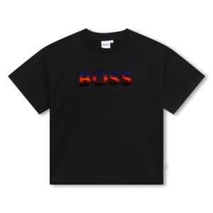 BOSS Boys Velour Appliqué  Logo Black T-Shirt