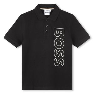 BOSS Boys Black Bold Vertical Logo Cotton Polo Shirt