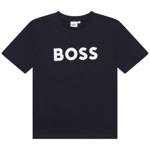 BOSS Older Boys Navy Blue Cotton White Logo T-Shirt