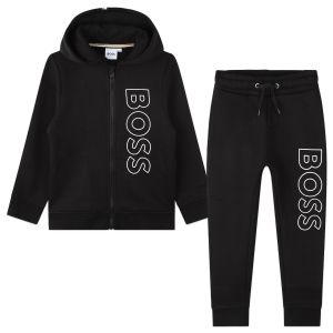 BOSS Boys Black Hooded Vertical Logo Tracksuit
