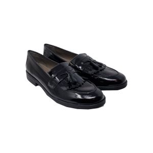 Geox Girls Black Patent Leather Loafer Style Slip On Shoes With Tassle Detail