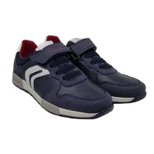 Geox Boys Blue Leather Trainers With White And Grey Detail And Velcro Strap