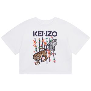 KENZO Girls White Bamboo Jungle Print Cotton Logo T-Shirt