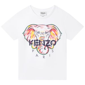 KENZO KIDS Girls Pink &amp; Yellow Elephant Logo White T-Shirt