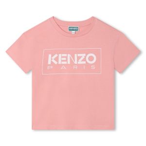 KENZO KIDS Girls Coral Pink Cotton White Logo T-Shirt