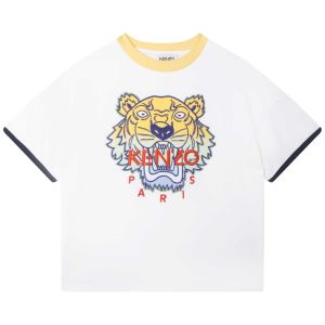 KENZO KIDS Boys White Embroidered Iconic Tiger Orange Logo T-Shirt