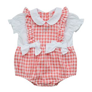 A'Dee Little A Pretty Polka 'Helga' Coral Checked Shortie With Collar And Bow Detail