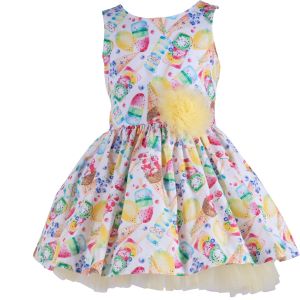 Daga Girls White Dress With All-Over Ice Cream Print And Yellow Tulle Detail