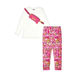 Moschino Kid-Teen Girls Ivory &amp; Pink Cotton Belt Bag Leggings Set