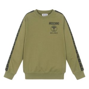 Moschino Kids Olive Green Cotton Sweatshirt with Logo on Sleeves