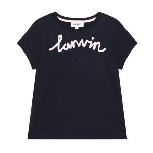 Lanvin Girls Navy Pink Embroidered T-Shirt