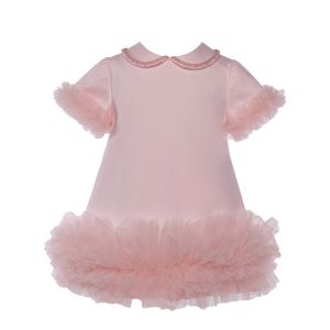 Bimbalo Girls Pink Short Sleeve Dress withBeaded Collar Tulle Cuffs And Trim Along The Bottom