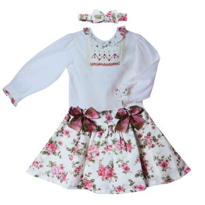 Pretty Originals Girls Cream and Rose Floral Shirt And Skirt Set