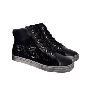 Richter Girls Black Leather And Suede High Tops Trainers With Side Gem Detail