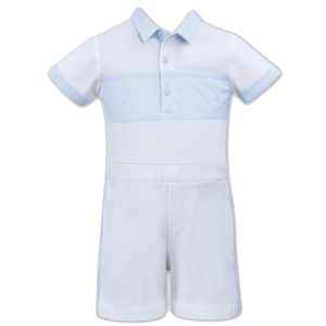 Sarah Louise Boys 'Dani' White and Pale Blue Polo Shirt and Shorts Set