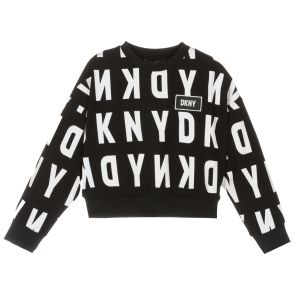 DKNY Girls Black Sweater With All Over White Logo Pattern
