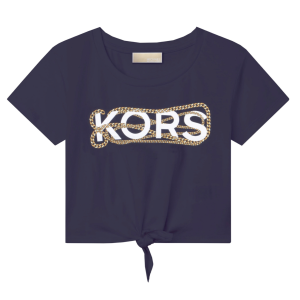 Michael Kors Girls Navy Blue Short Sleeve T-Shirt With Gold Chain Logo