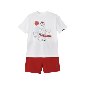 Mayoral Boys Cream T-Shirt With Dinosaur Surfing Print And Red Short Set