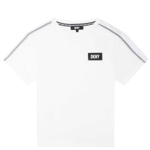 DKNY White Cotton T-shirt With Branded Piping And Logo Badge