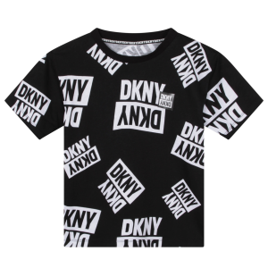 DKNY Boys Black Cotton T-shirt With White Repeat Logo