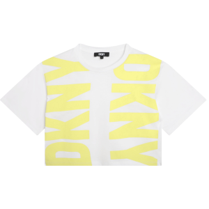 DKNY Girls White Cropped Box T-shirt With Lemon Yellow Logo