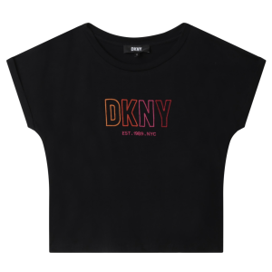 DKNY Girls Black Cropped T-shirt With Bright Pink Logo