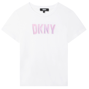 DKNY Girls White T-shirt With Pink Metallic Logo