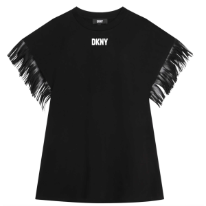 DKNY Girls Black Dress With White Logo And Fringe Detail