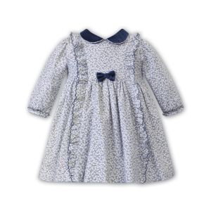 Sarah Louise Girls Blue Floral Dress With Velvet Features