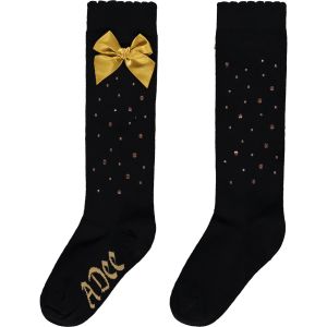 Adee 'Beth' Bow & Diamanté Black Knee High Socks