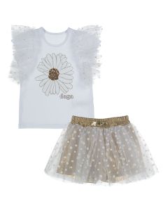 Daga Girls White and Gold Daisy Tulle T-shirt And Shorts Set