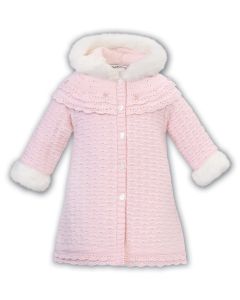 Sarah Louise Girls Pink Knitted Coat With Faux Fur Hood And Cuffs