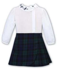 Sarah Louise Girls Navy Blue And Green Tartan Skirt Set