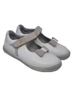 Richter Girls White Leather Velcro Shoes With Suede Strap And Bow