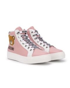 Moschino Kid-Teen Leather Pink High-Top Logo Trainers