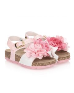 Monnalisa Pink Leather Floral Sandals