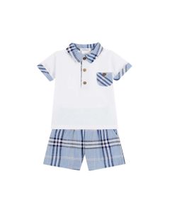 Deolinda Boys White Polo Shirt And Contrasting Blue Checked Shorts Set