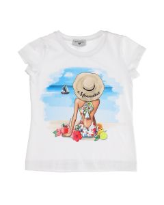 Monnalisa Girls White Beach Print Cotton T-Shirt