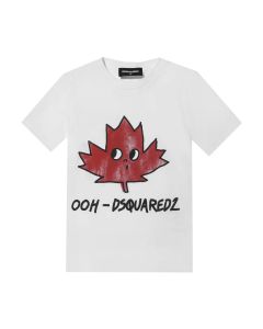 DSQUARED2 White Short Sleeve T-shirt With Maple Leaf Printed Logo