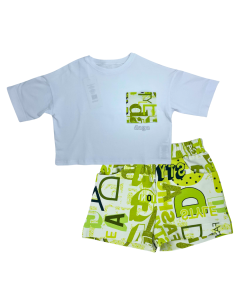 Daga Girls White Cropped T-Shirt &amp; Bright Green Print Shorts