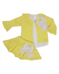 Rahigo Girls Bright Yellow/White Cardigan, Blouse And Skirt Set