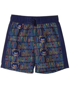 Moschino Kid Boys Navy Colourful All-Over Logo Swim Shorts