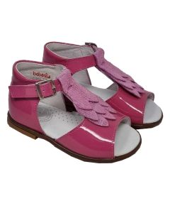 Beberlis Girls Patent Pink Open Toe With Shiny  Pink Frill